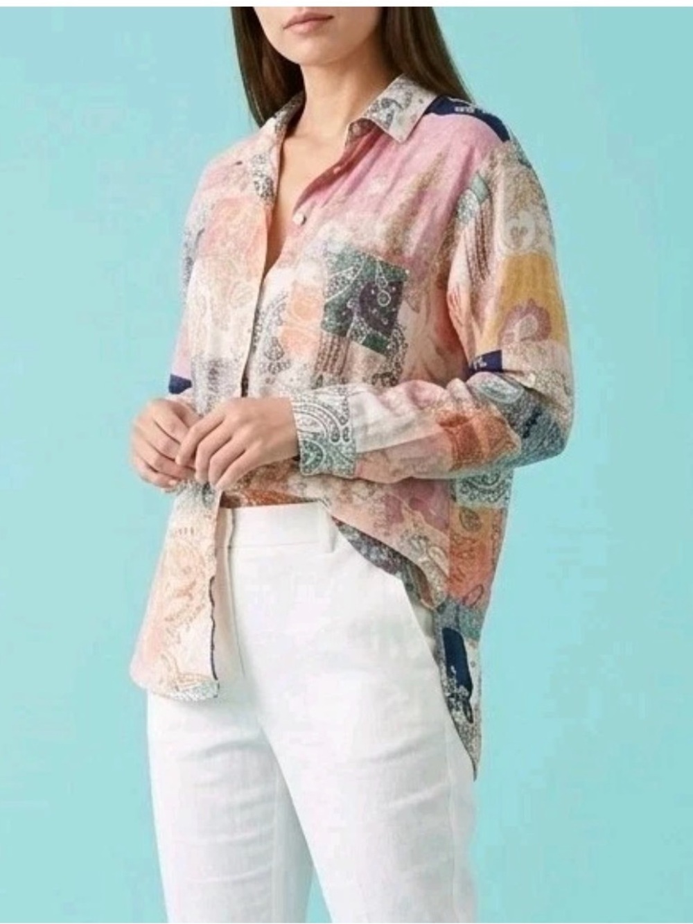 Magashoni patchwork paisley print linen button down XS